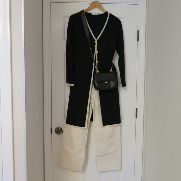 Principles UK Sweaters - PRINCIPLES UK - Long black, cream edged cardigan.